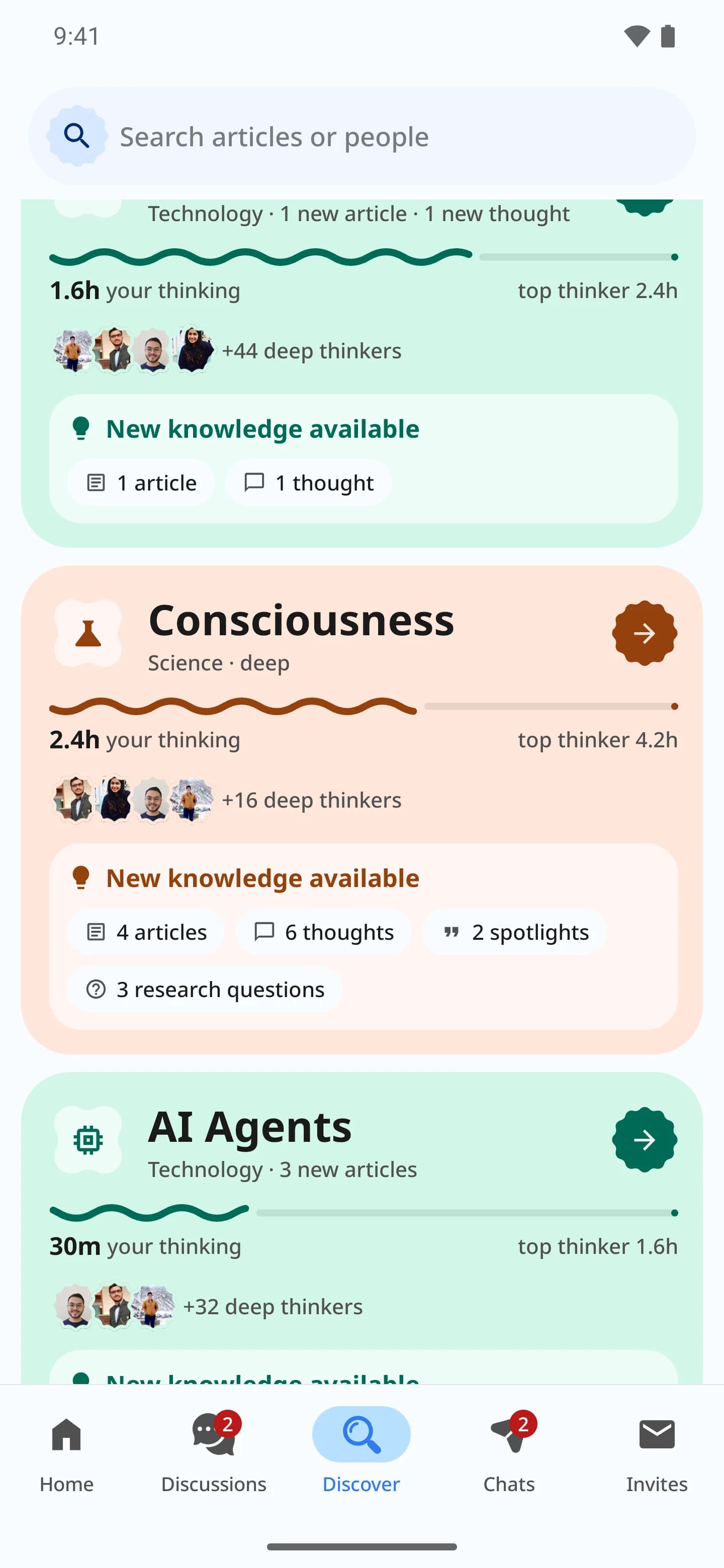 Discover: your topics, each with your thinking time against the topic's top thinker