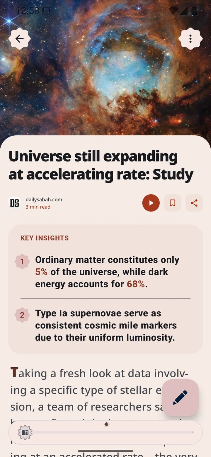 The Philonet reader on an article about the expanding universe, with its key insights