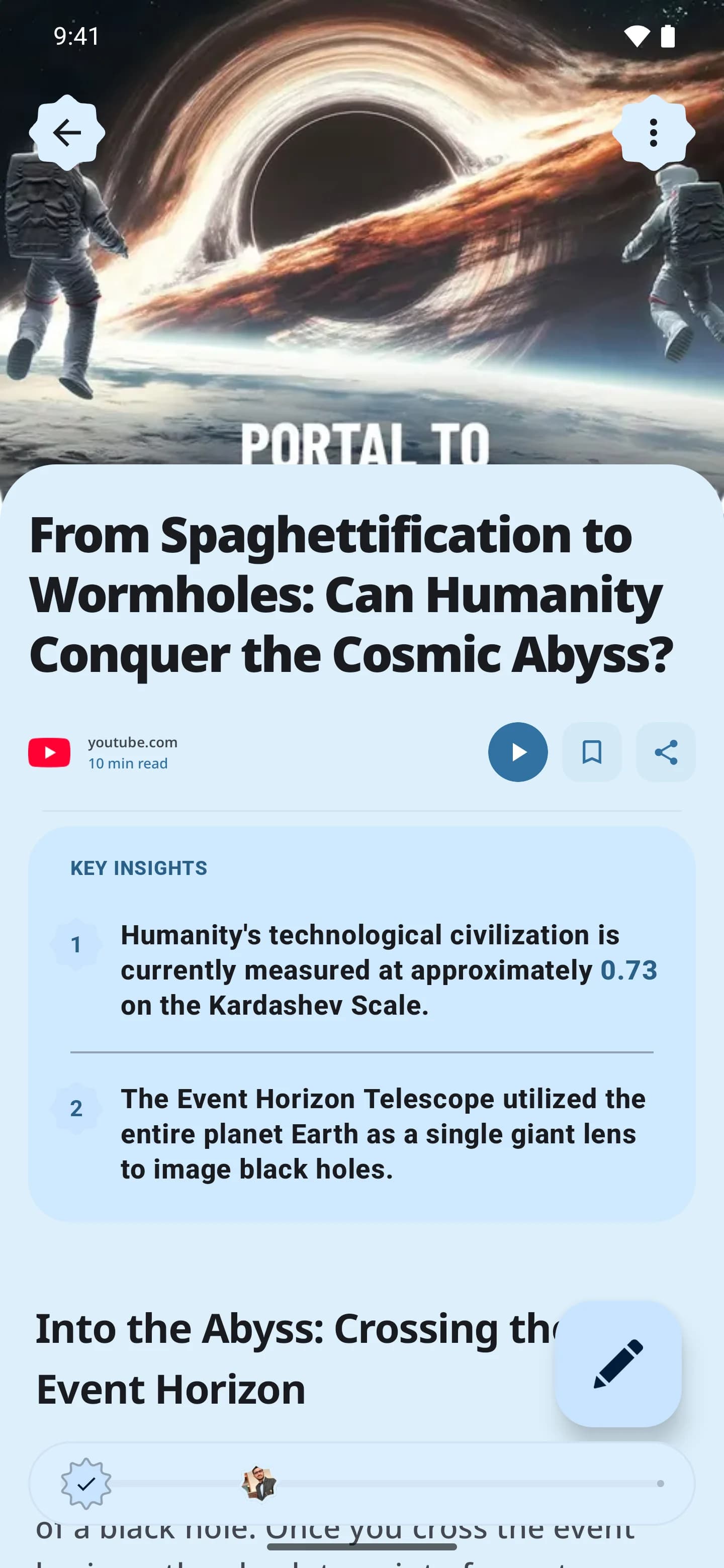 The thinking client on an article about black holes and the Kardashev scale, with its key insights