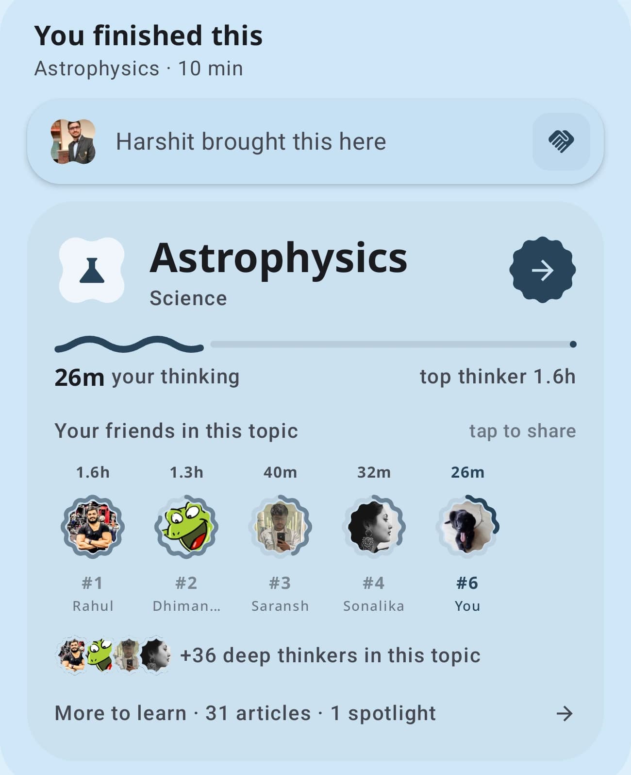 The Astrophysics board at the end of the article: friends ranked by their thinking time in the topic, 36 more deep thinkers, and 31 articles left to learn