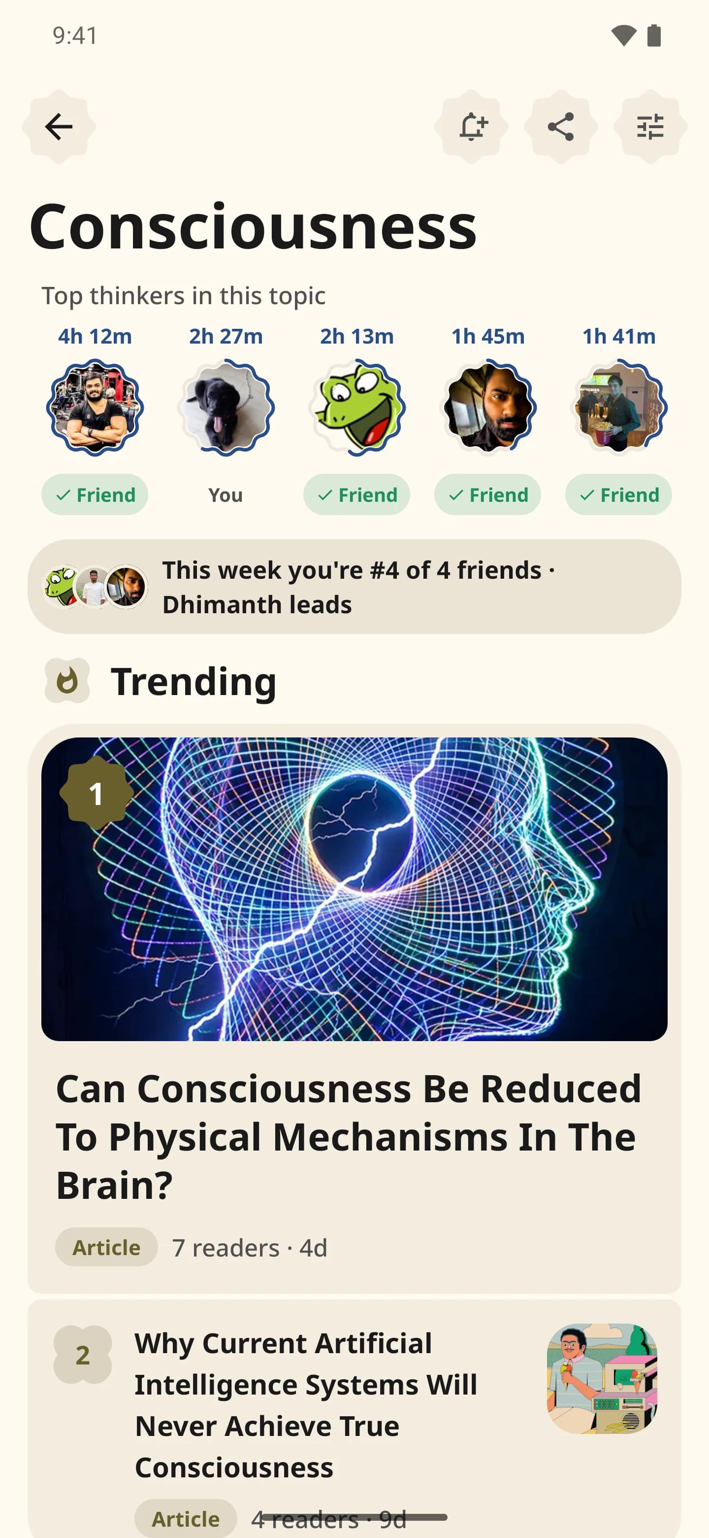 The Consciousness topic: its top thinkers by thinking time, where you stand with friends this week, and what is trending